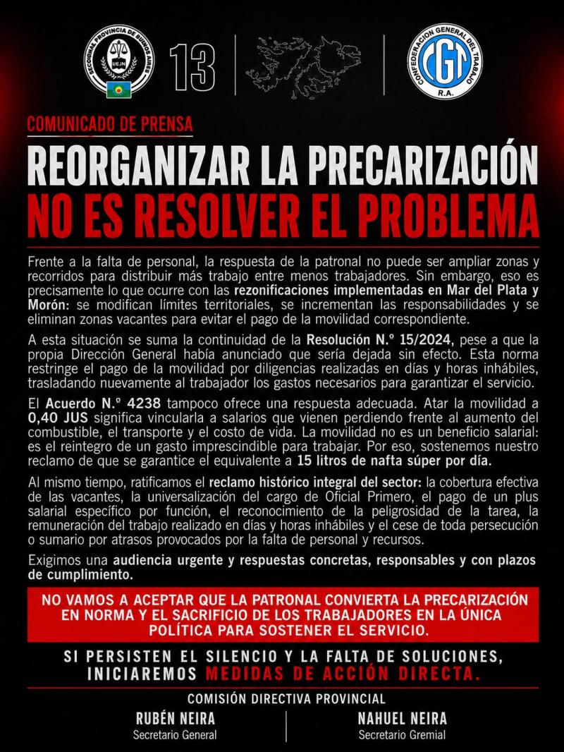 Trabajadores judiciales advierten por la precarización laboral y amenazan con medidas de fuerza en la Provincia