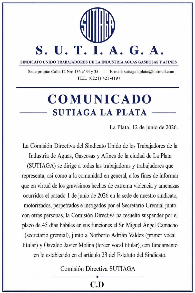 Crece la tensión en SUTIAGA La Plata: afiliados cuestionan a la conducción y denuncian persecución interna